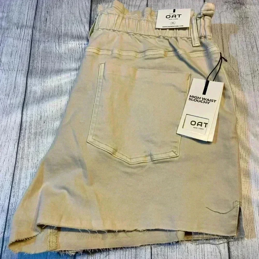 OAT New York High Waist Slouchy Denim Shorts XL Beige Elastic Waist Raw Hem‎ NWT